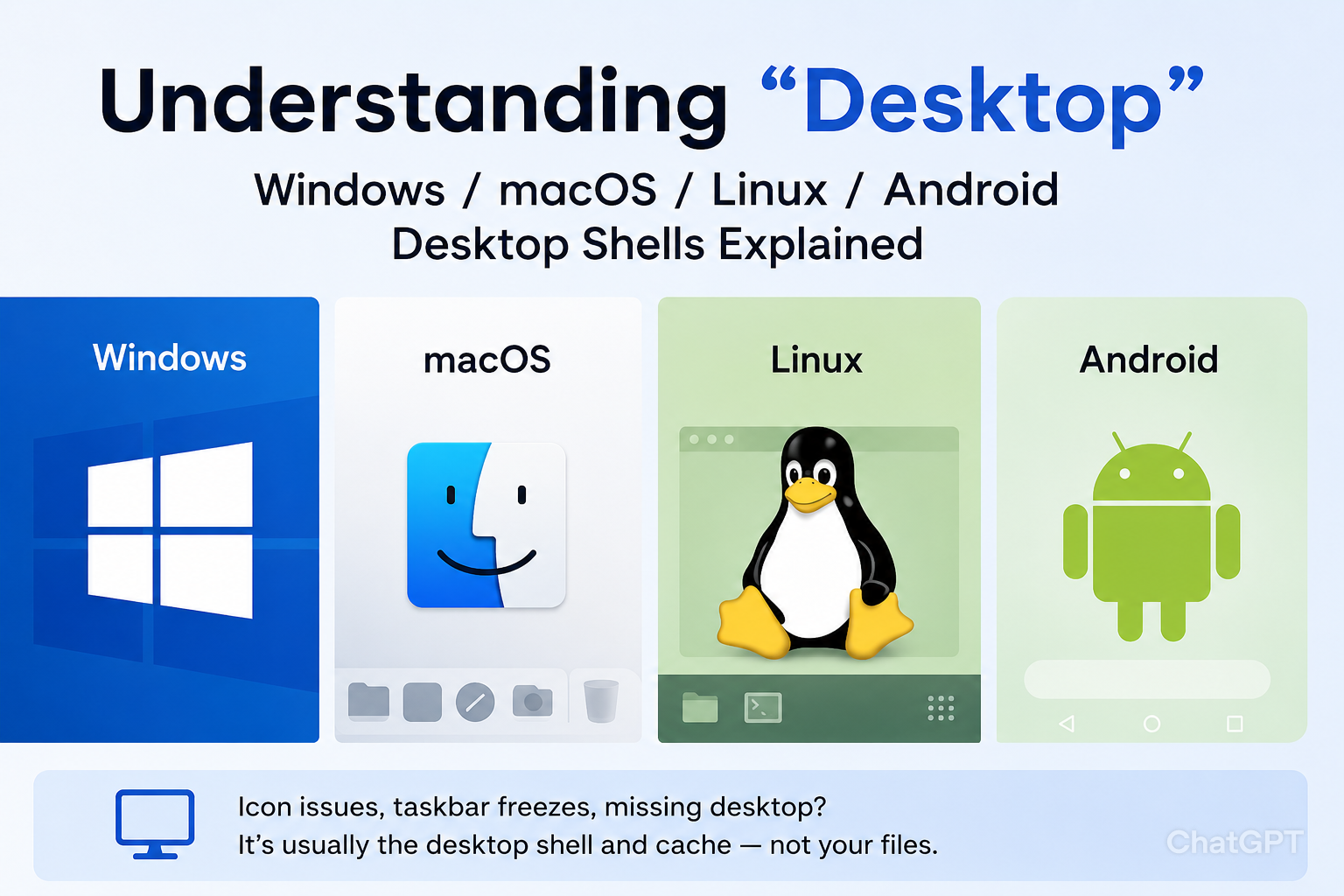从一次图标异常到理解“桌面”：Windows / macOS / Linux / Android 的外壳区别（含旧版本）